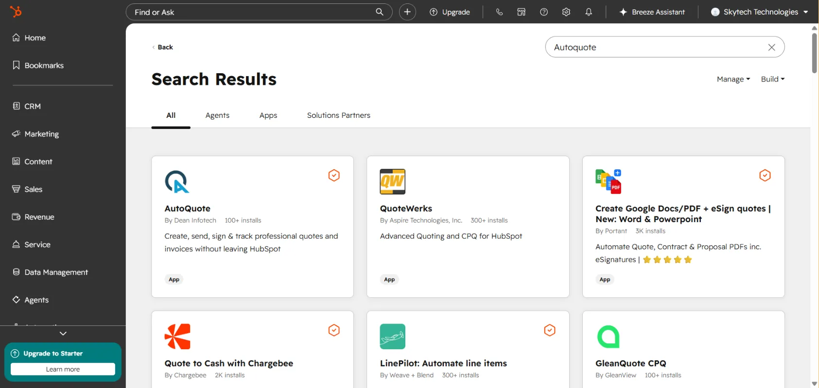 AutoQuote listing in HubSpot Marketplace search results