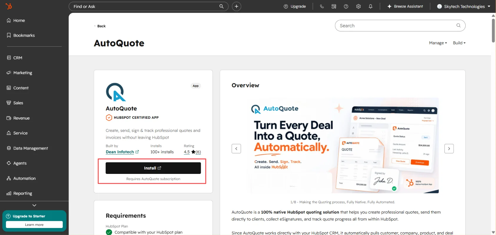 Install App button on the AutoQuote listing page