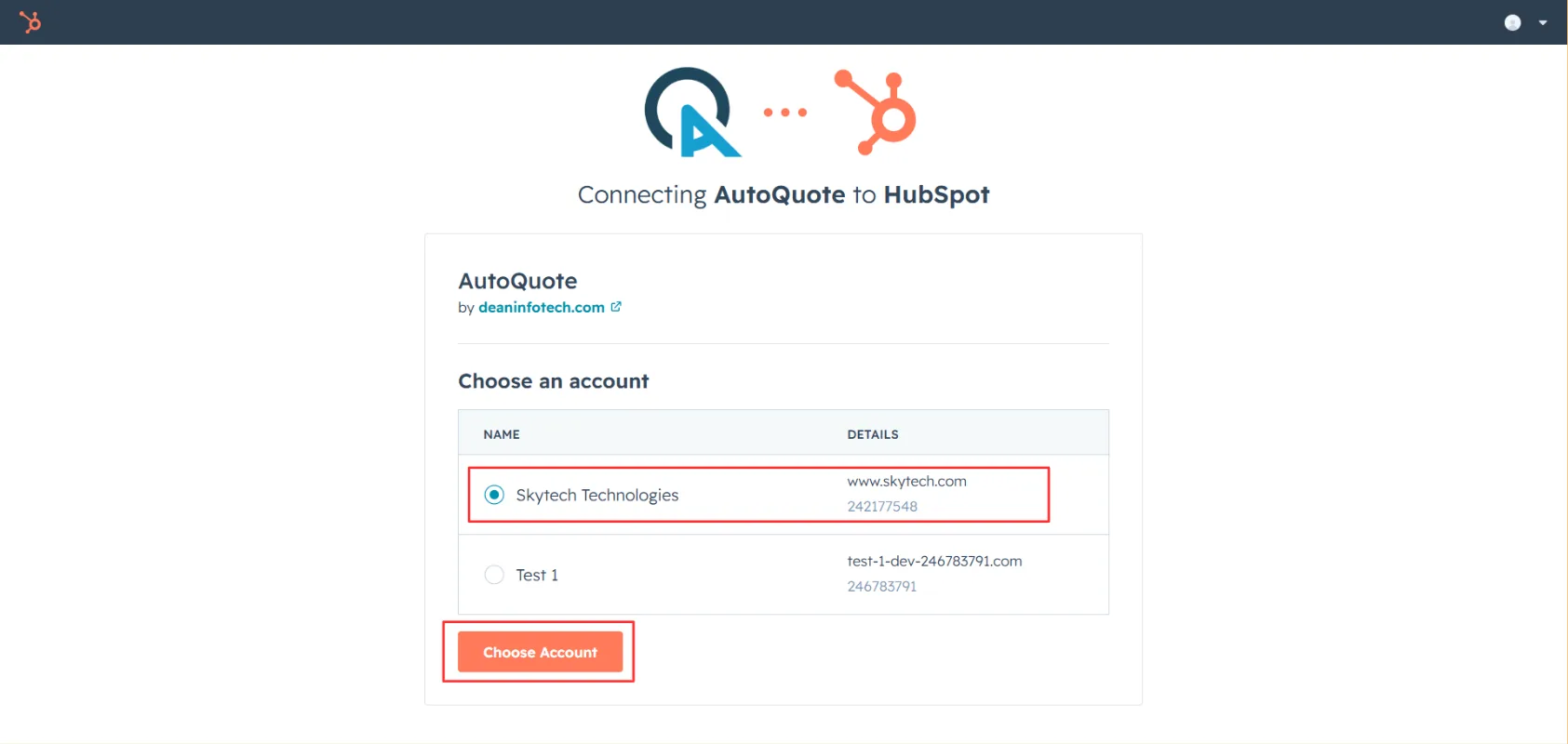 HubSpot account chooser screen