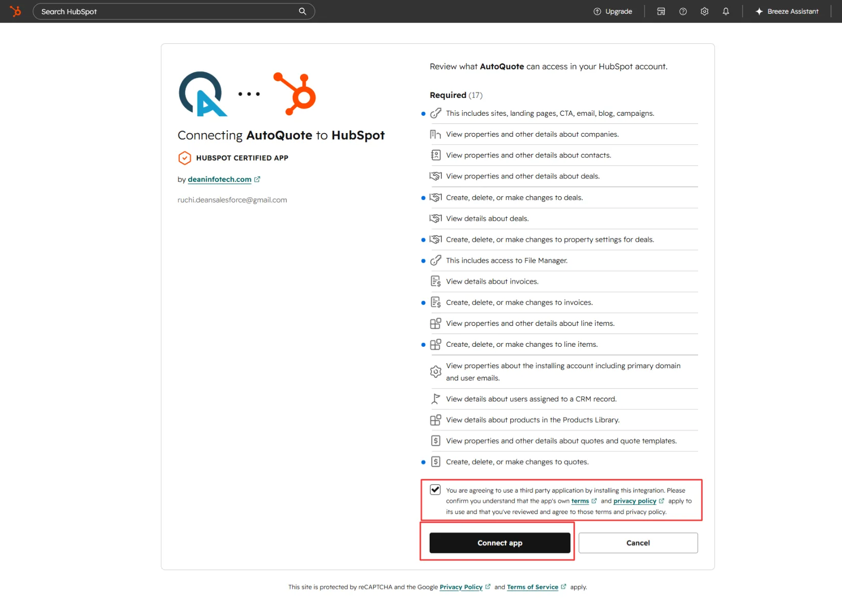 HubSpot OAuth consent screen listing AutoQuote permissions