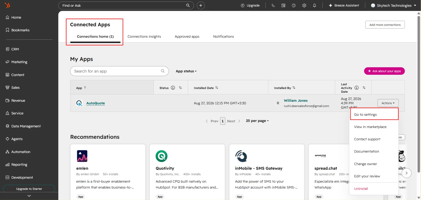 AutoQuote Actions menu with Go to Settings
