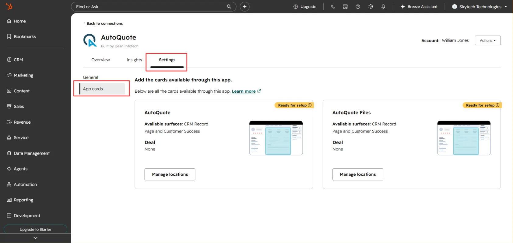 App Cards option in the settings sidebar