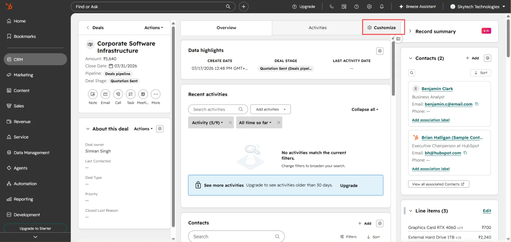 Customize button on a deal record