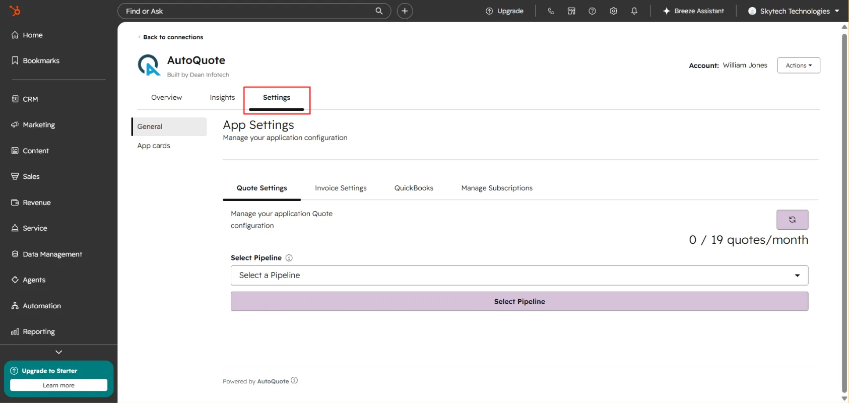 Pipeline selector in Quote Settings