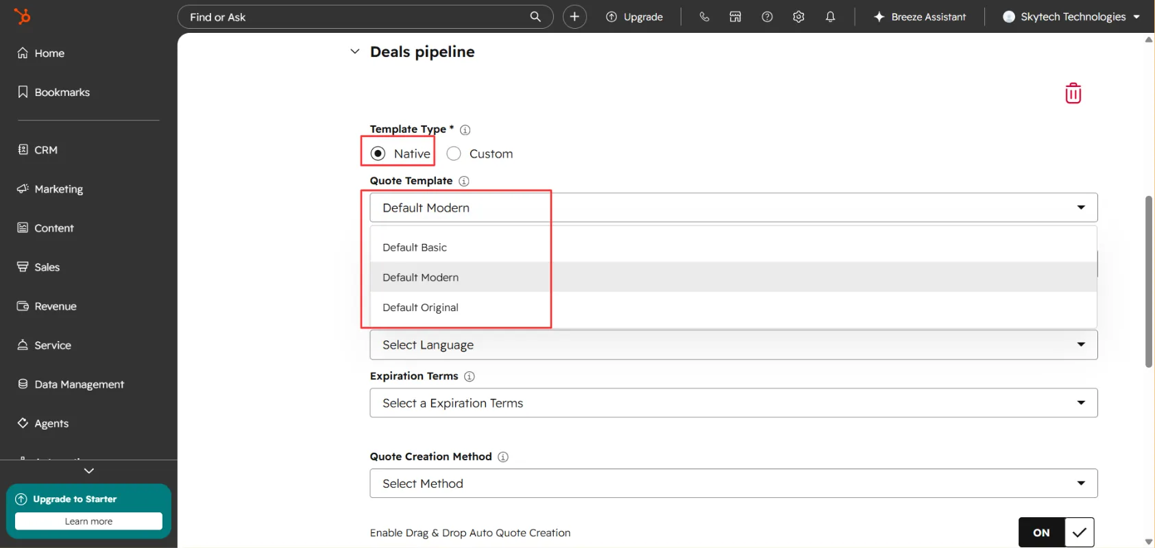 Quote Status on Generation dropdown