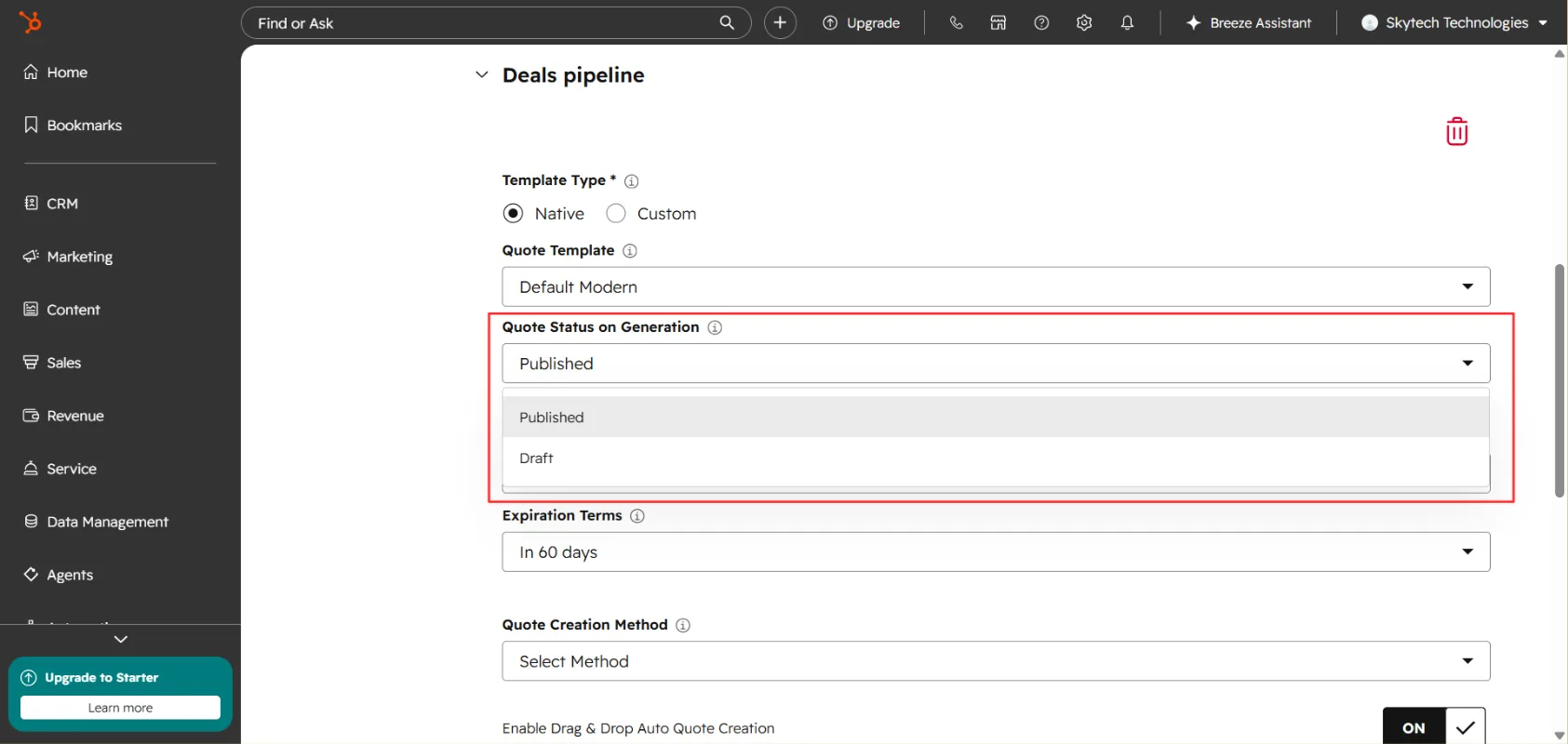 Quote language and expiration date fields
