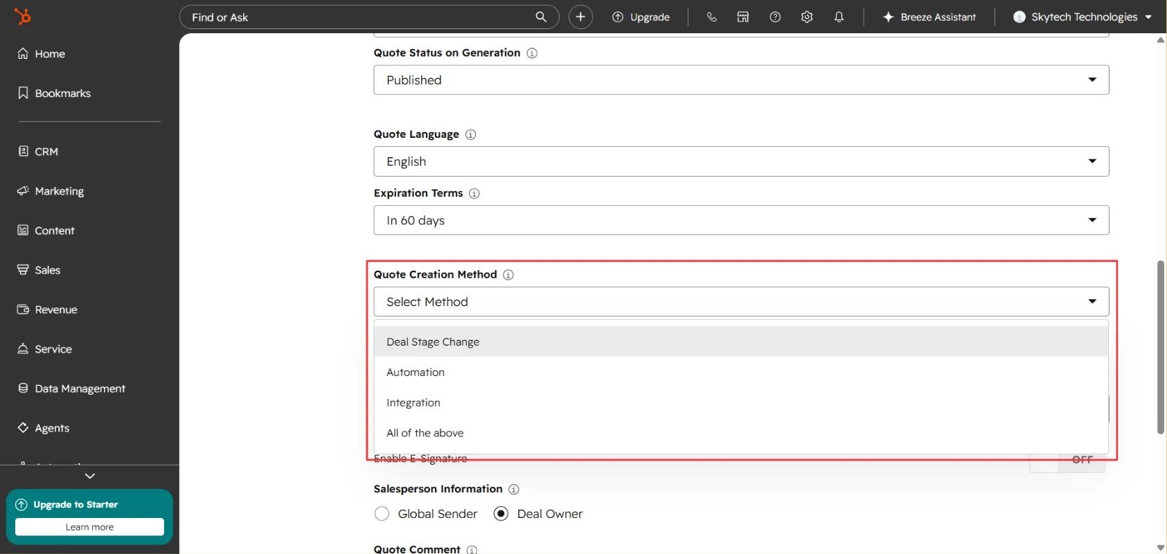 Drag and drop toggle and destination stage selector