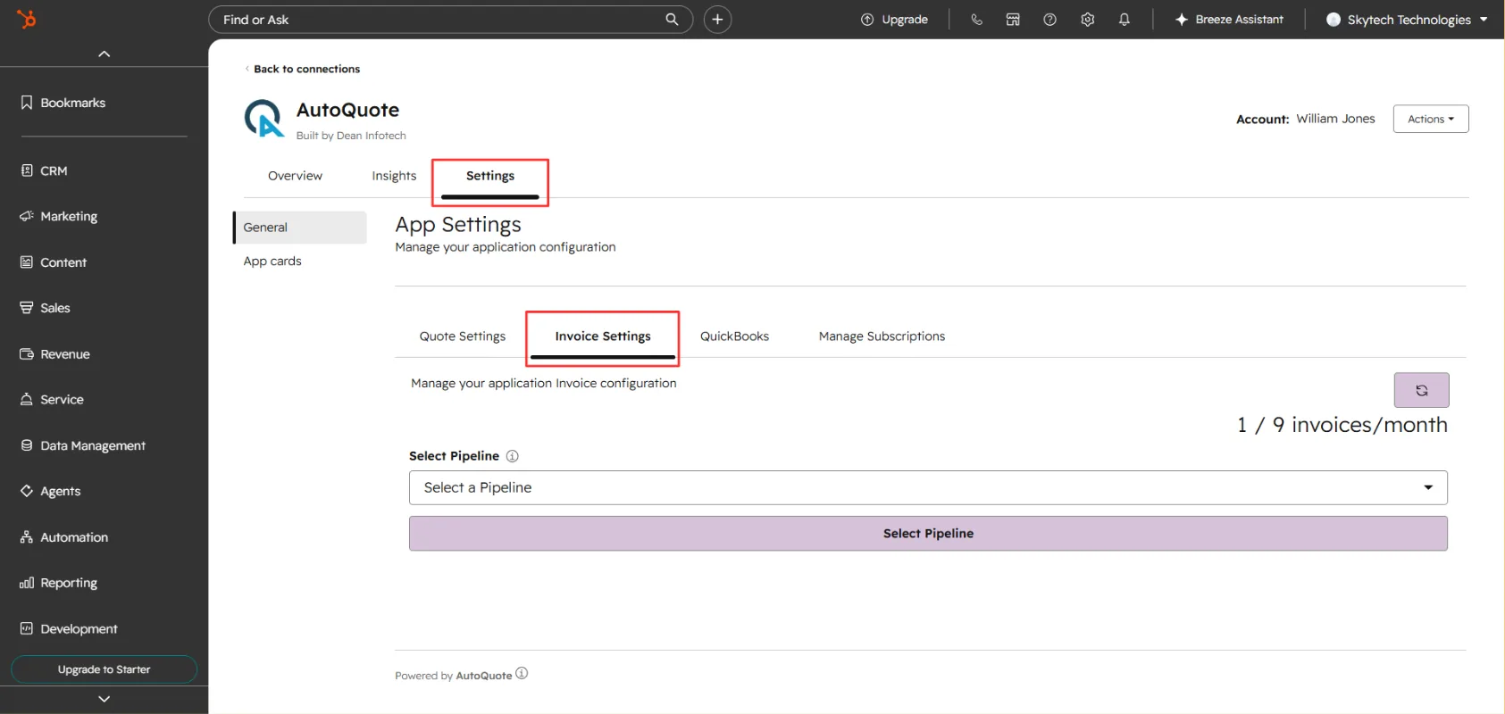 Invoice Settings tab in AutoQuote