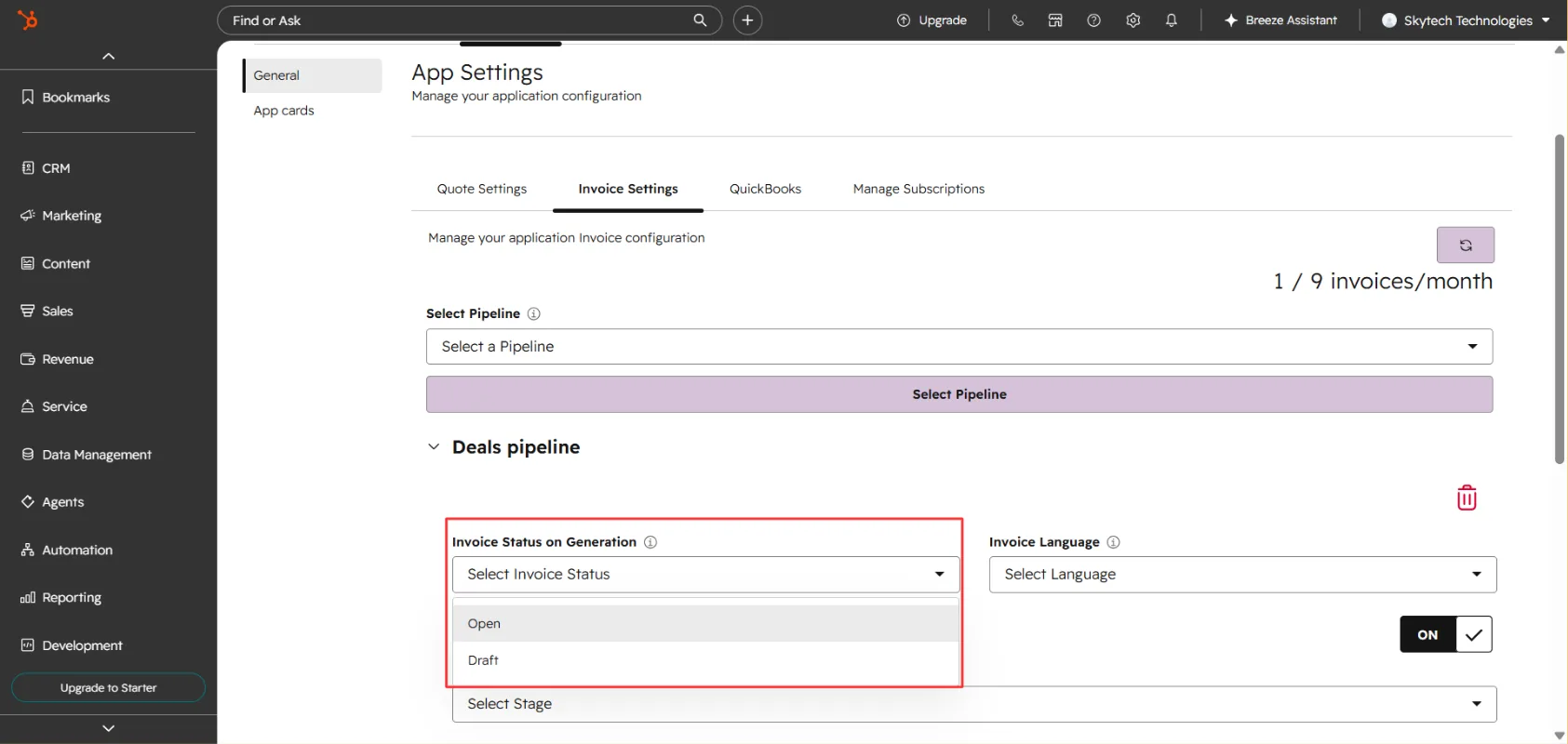 Invoice Status on Generation options