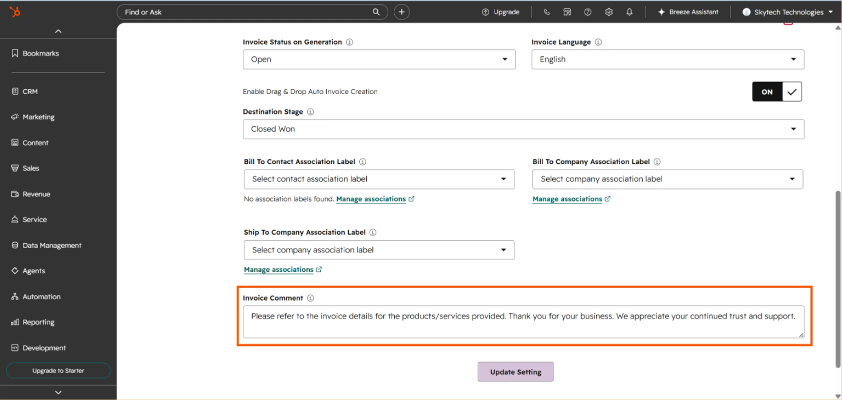 Association label fields and invoice comment