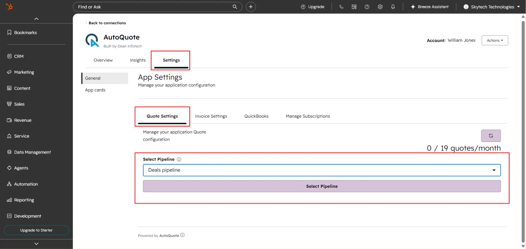 Quote Settings tab in AutoQuote
