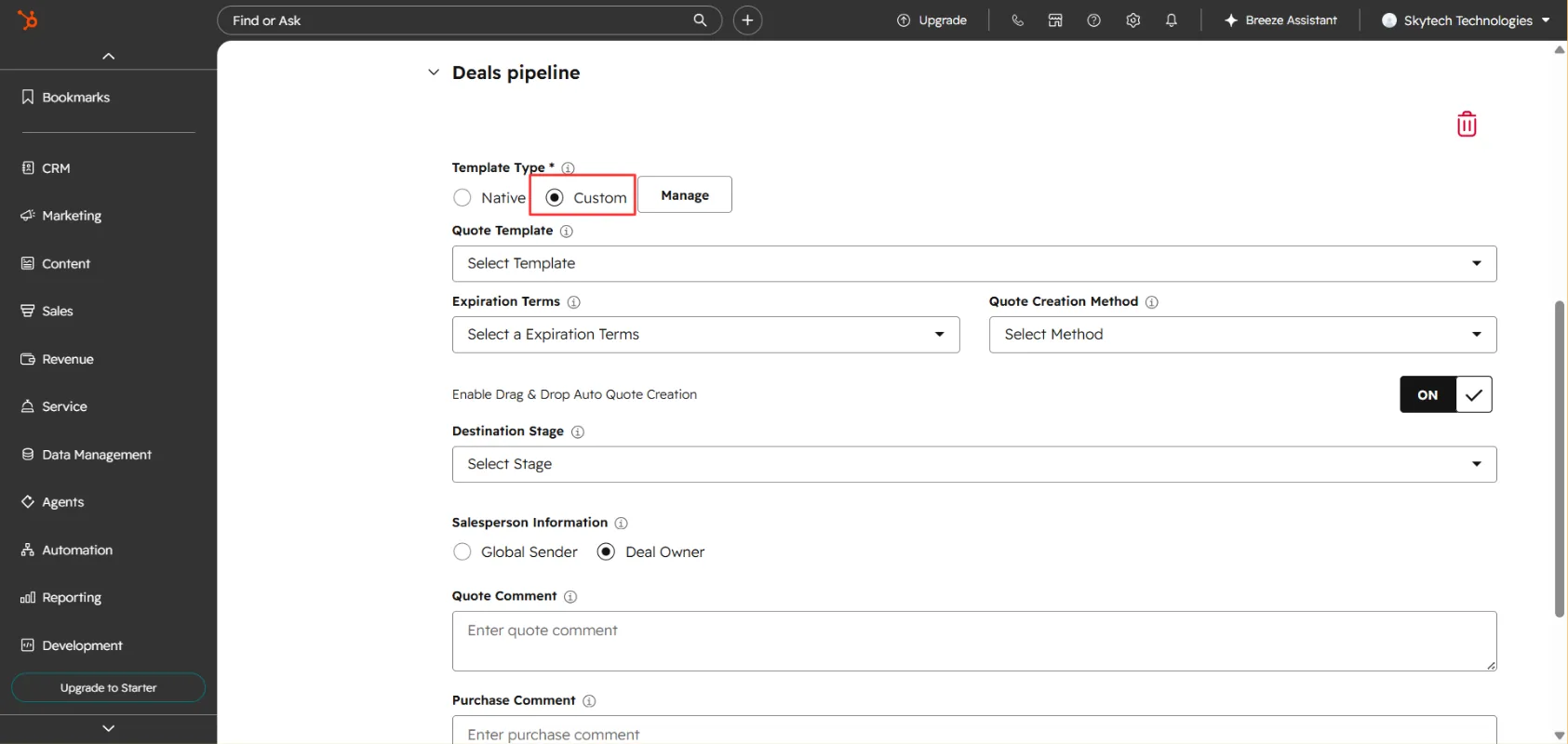 Pipeline selector in Quote Settings