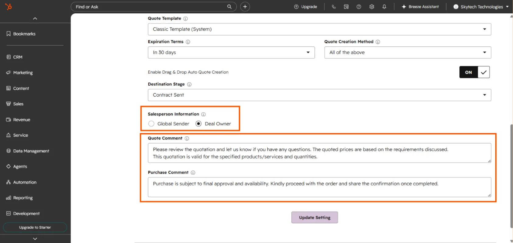 Expiration terms and quote creation method