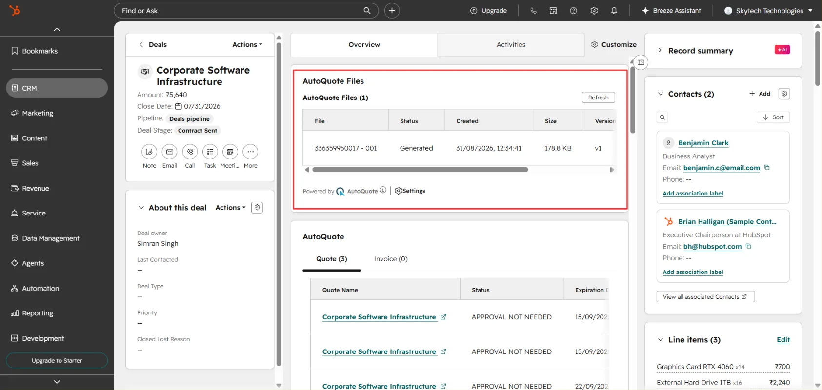 AutoQuote Files card on a deal record