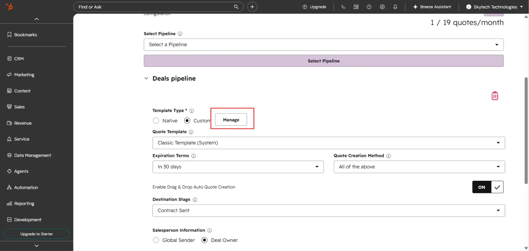 Custom Template selection in Quote Settings