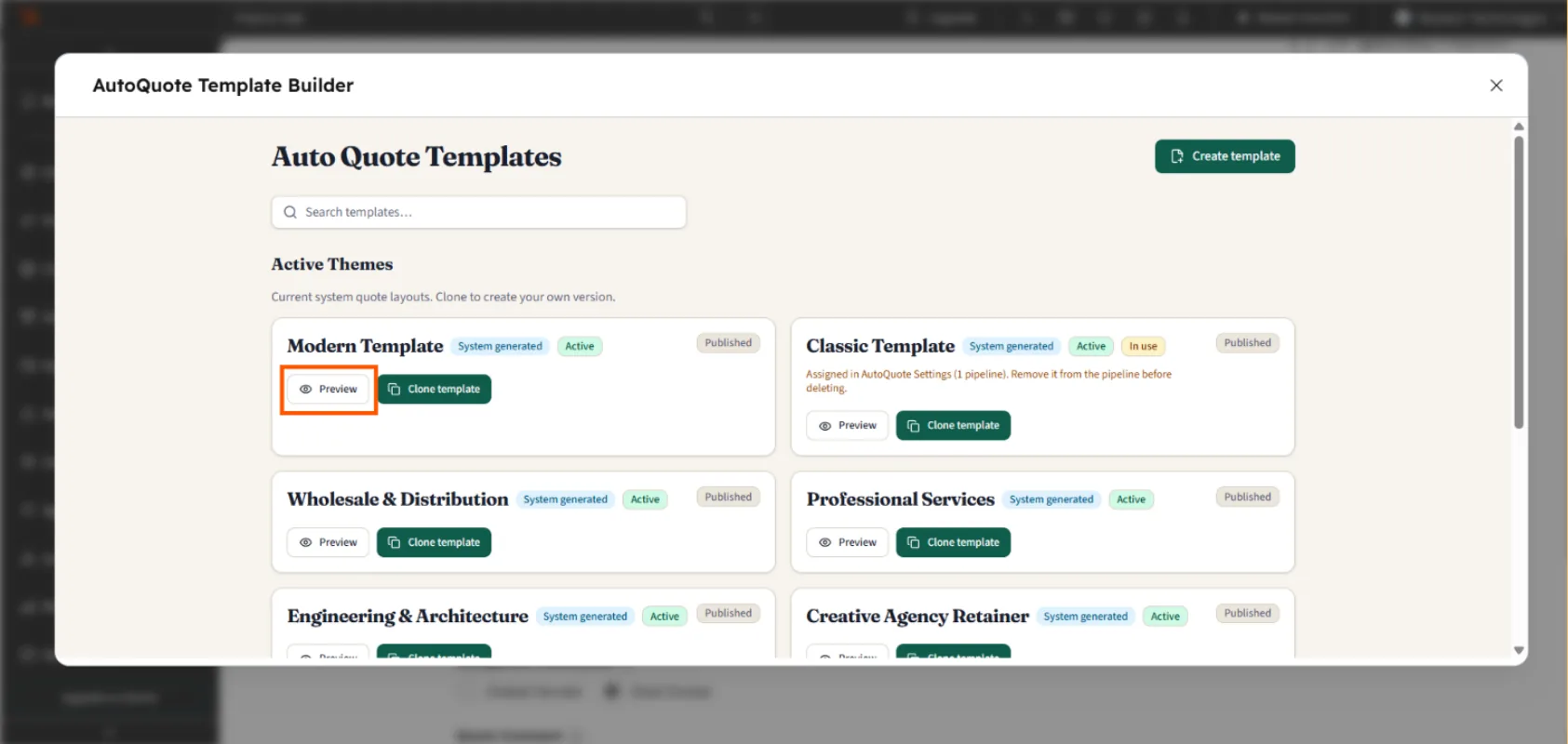 Template preview in the Template Gallery