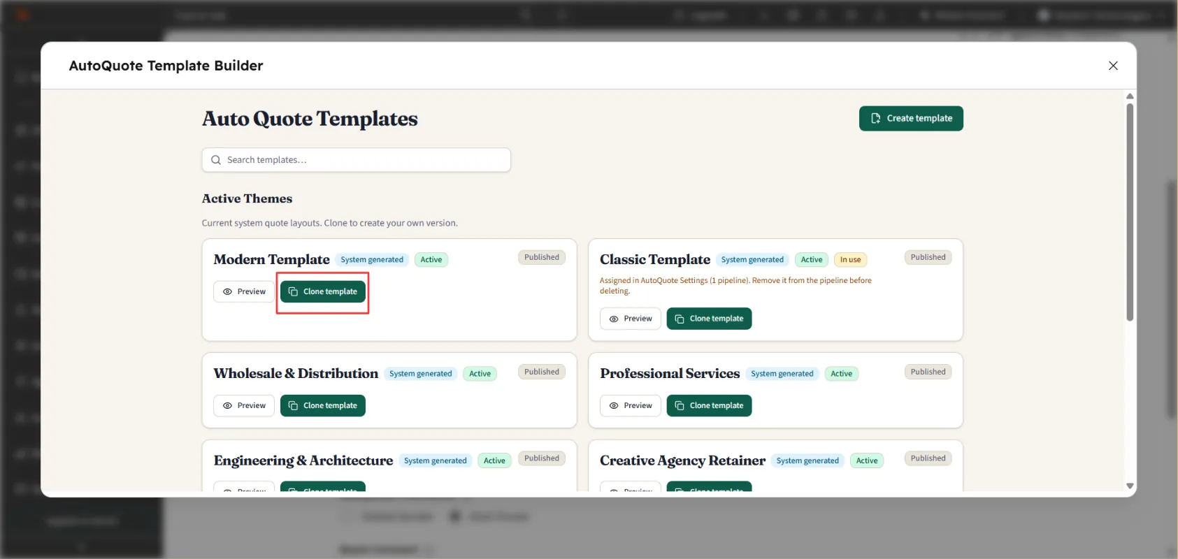 Clone Template button