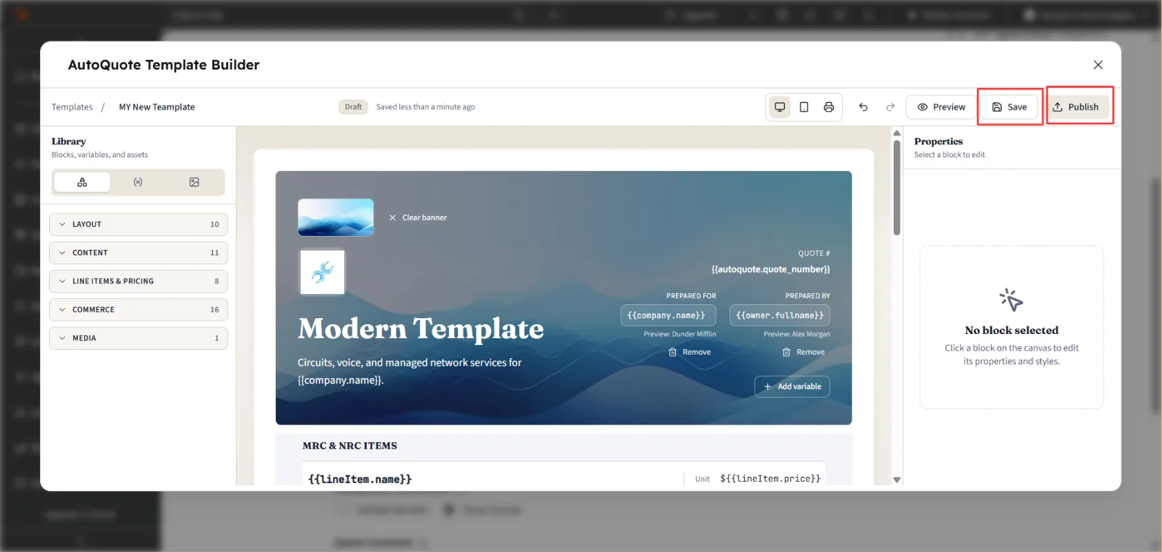 Save and Publish buttons in the Template Builder