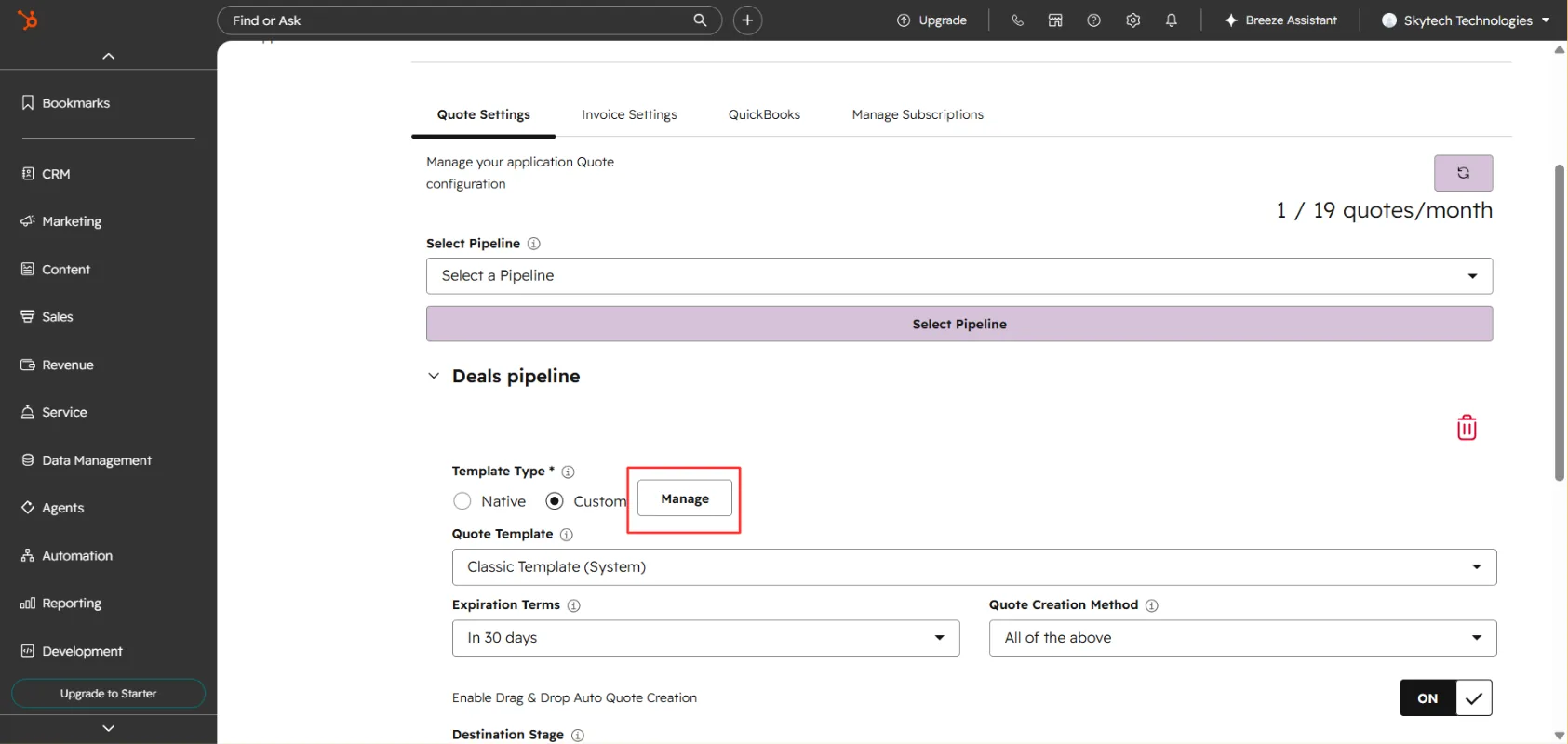 Custom Template selection in Quote Settings