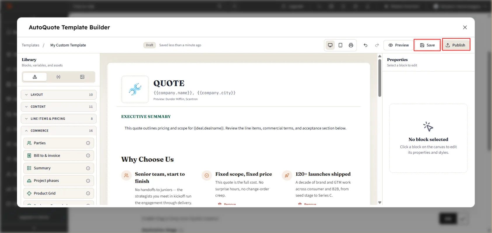 Save and Publish buttons in the Template Builder