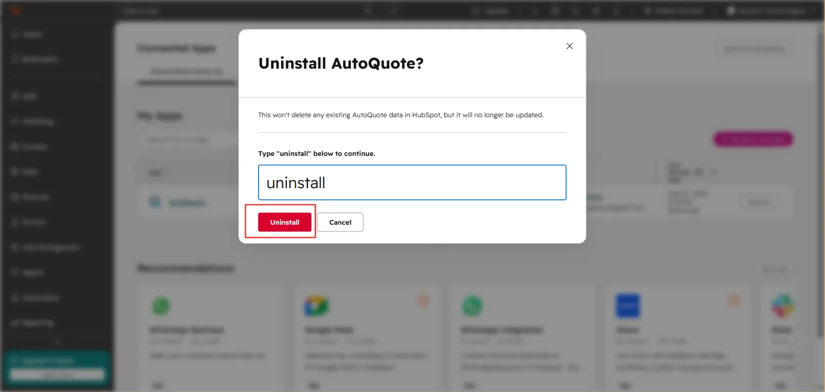 Uninstall confirmation dialog