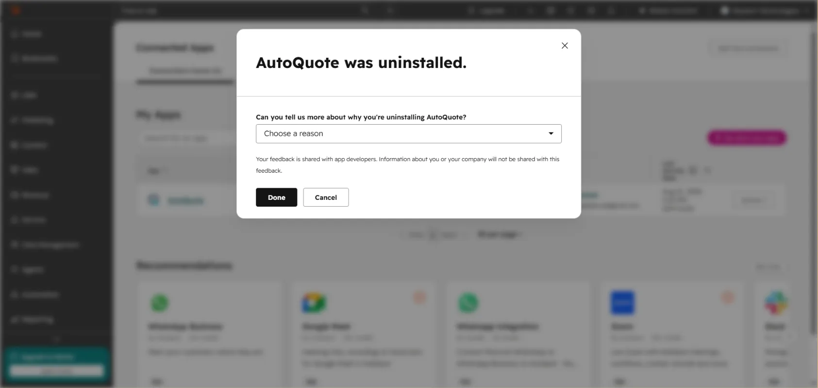 Uninstall reason selection