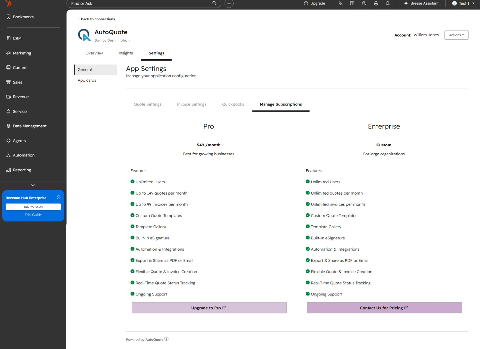 Manage Subscription tab