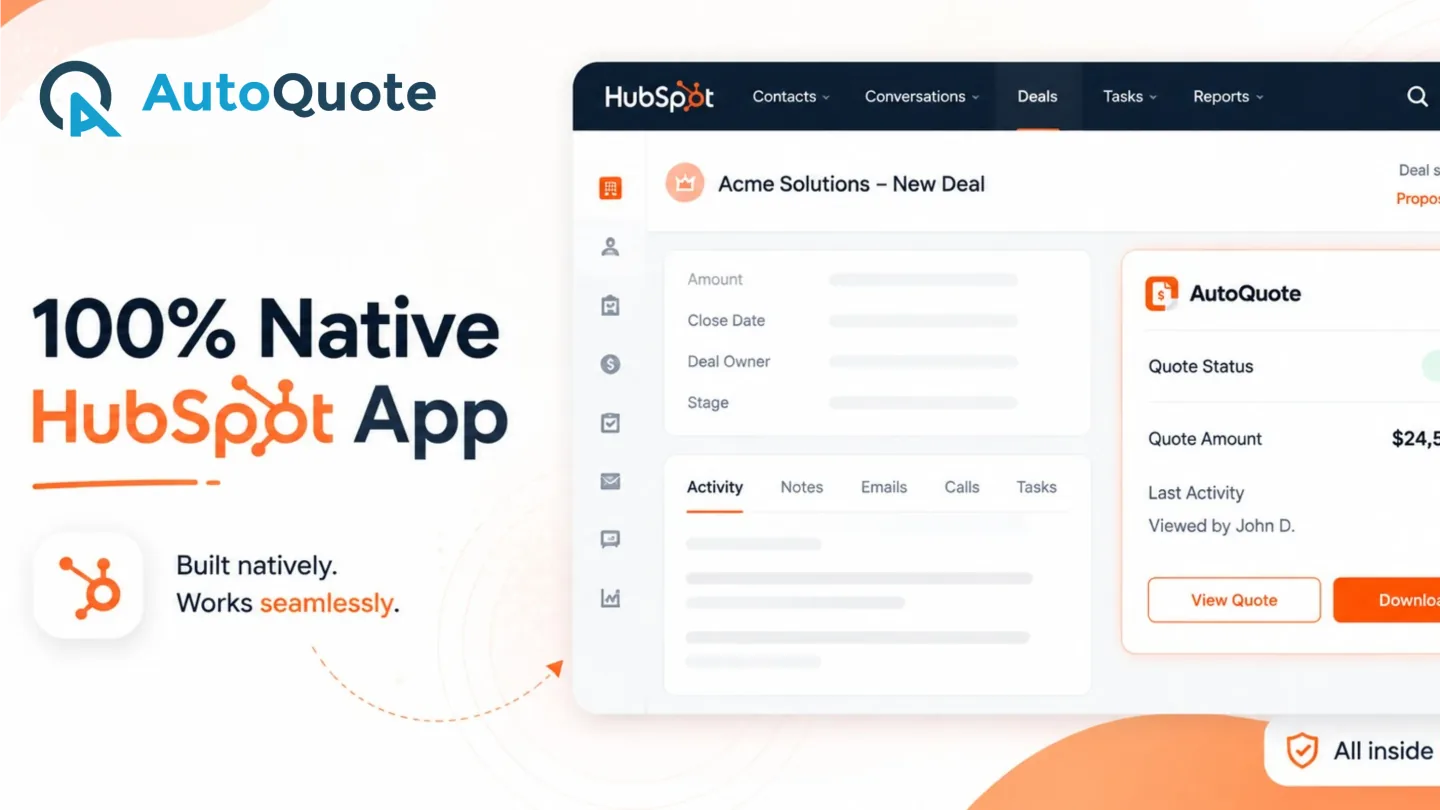 AutoQuote card built natively inside a HubSpot deal record, showing quote status and quote amount