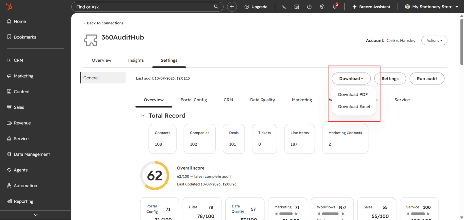 Download dropdown with PDF and Excel export options