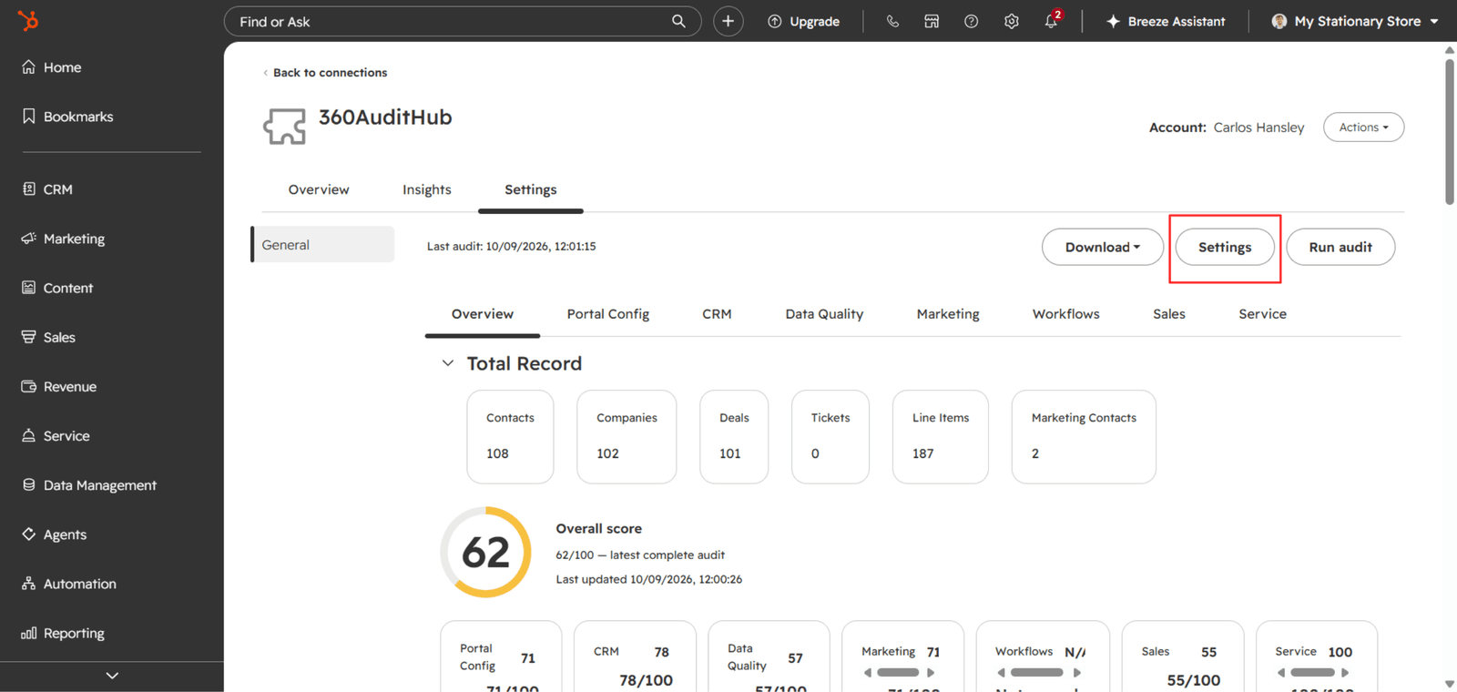 Settings button on the 360AuditHub overview page